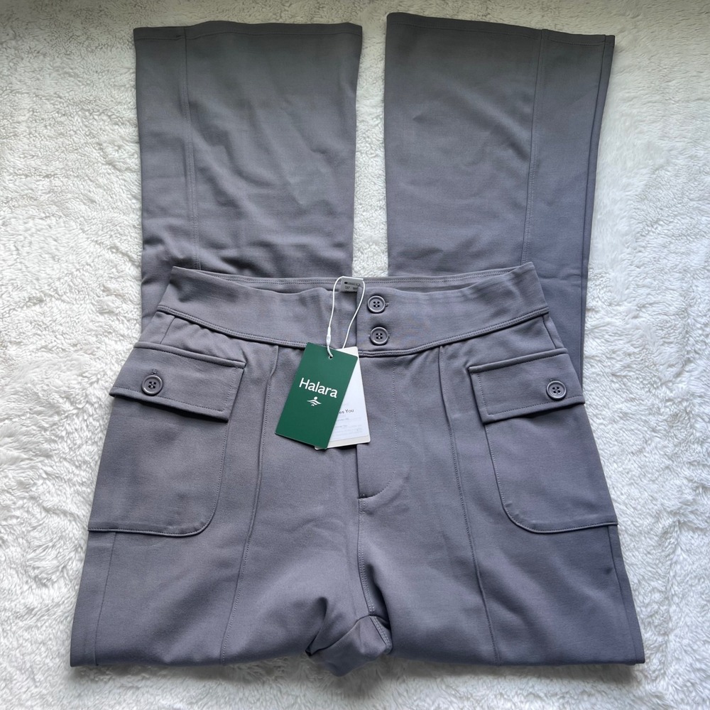 Halara Women Medium Petite Gray High Waisted Flare Cargo Pants Double Button NEW